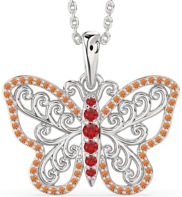 Large Ruby & Citrine Silver Butterfly Necklace