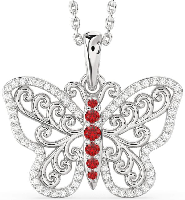 Large Diamond & Ruby Silver Butterfly Necklace