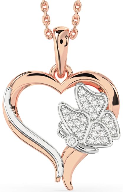 Diamond Platinum & Rose Gold Heart Butterfly Necklace