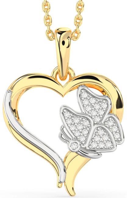Diamond White Yellow Gold Heart Butterfly Necklace