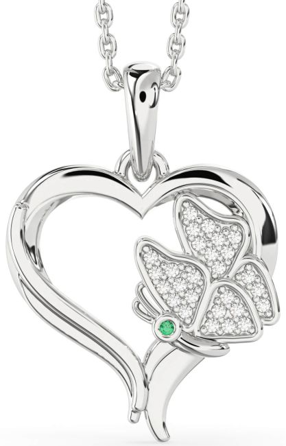 Diamond Emerald Silver Heart Butterfly Necklace
