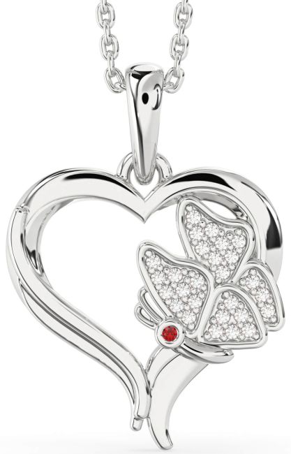 Diamond Ruby Silver Heart Butterfly Necklace