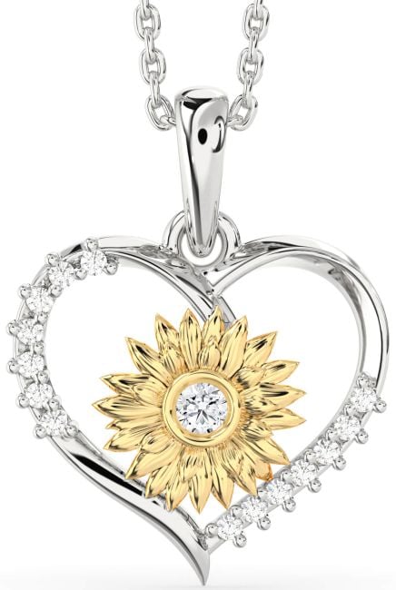 Diamond Gold Silver Heart Sunflower Necklace