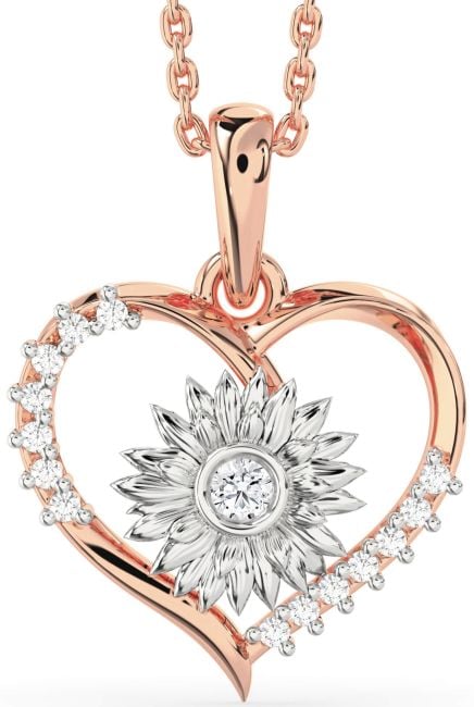 Diamond Rose Gold Silver Heart Sunflower Necklace