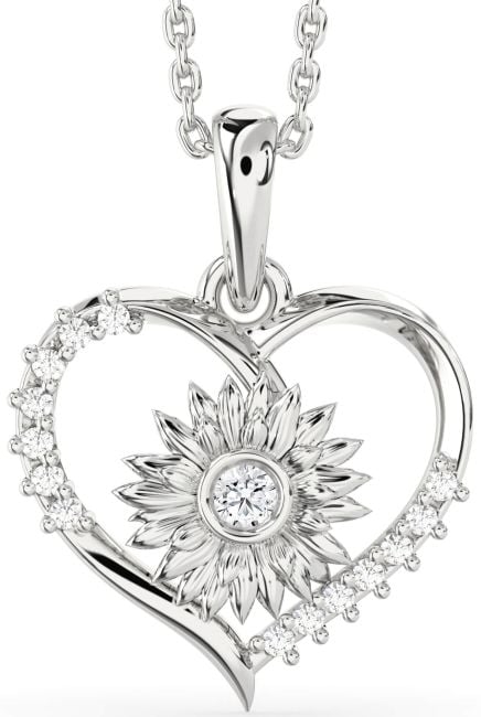 Diamond Silver Heart Sunflower Necklace