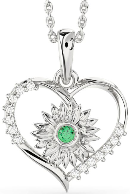 Diamond Emerald Silver Heart Sunflower Necklace
