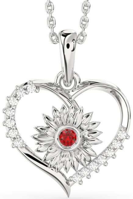 Diamond Ruby Silver Heart Sunflower Necklace