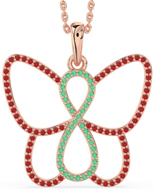Large Emerald & Ruby Rose Gold Butterfly Infinity Necklace