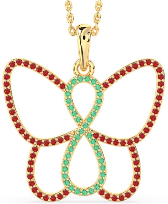Large Emerald & Ruby Gold Butterfly Infinity Necklace