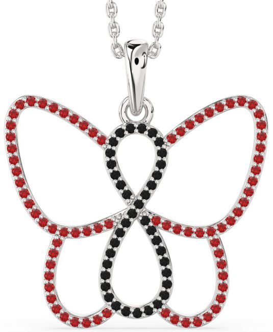 Large Black Diamond & Ruby Silver Butterfly Infinity Necklace