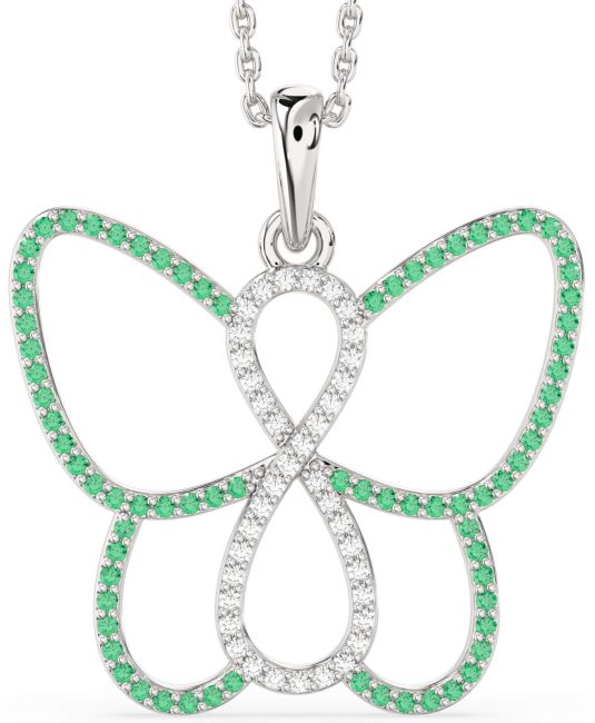 Large Emerald & Diamond Silver Butterfly Infinity Necklace