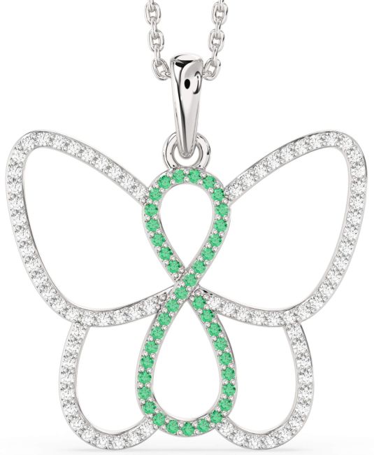 Large Diamond & Emerald Silver Butterfly Infinity Necklace