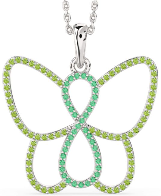 Large Emerald & Peridot Silver Butterfly Infinity Necklace