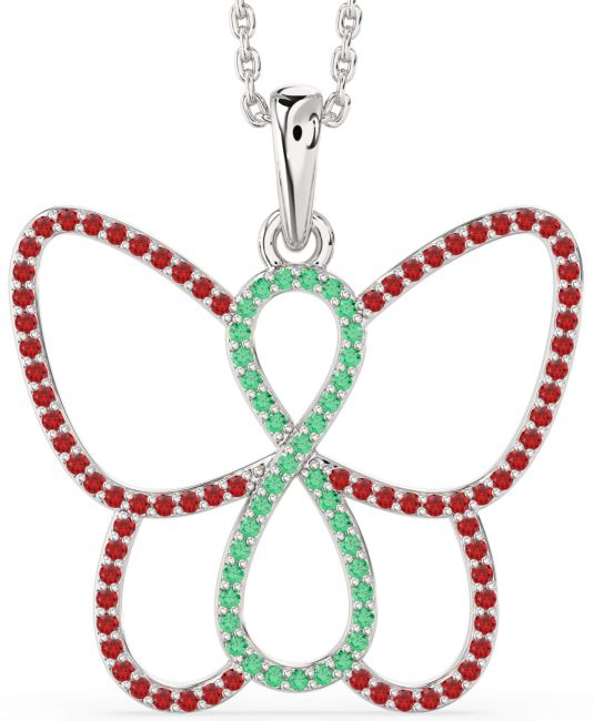 Large Emerald & Ruby Silver Butterfly Infinity Necklace