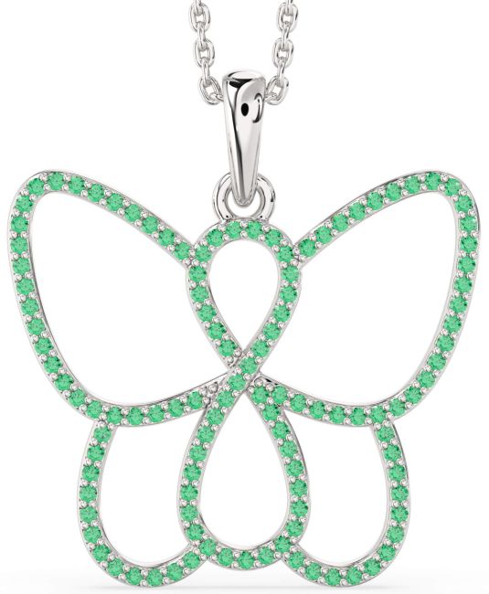 Large Emerald Silver Butterfly Infinity Necklace