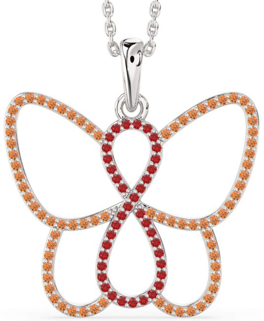 Large Ruby & Citrine Silver Butterfly Infinity Necklace