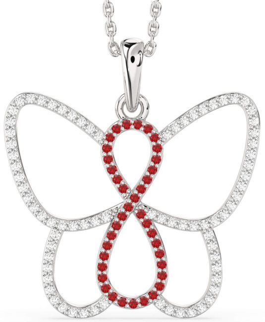 Large Diamond & Ruby Silver Butterfly Infinity Necklace