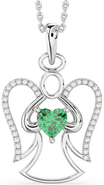 Diamond Emerald Silver Angel Heart Necklace