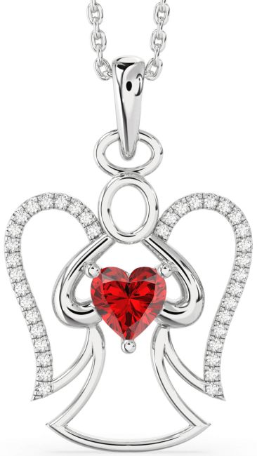 Diamond Ruby Silver Angel Heart Necklace