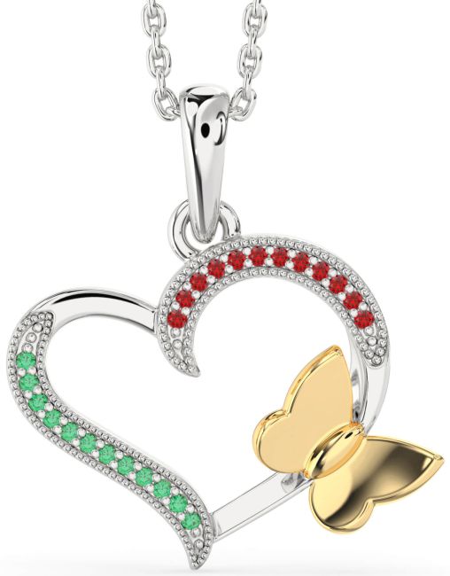 Emerald & Ruby Gold Silver Heart Butterfly Necklace