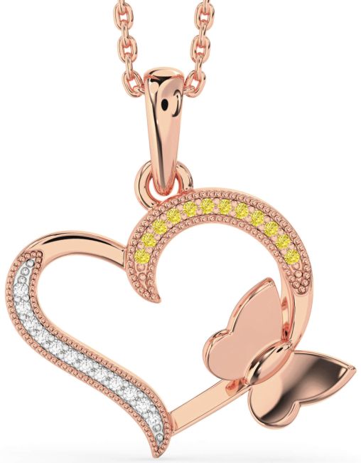 Yellow Diamond Rose Gold Silver Heart Butterfly Necklace