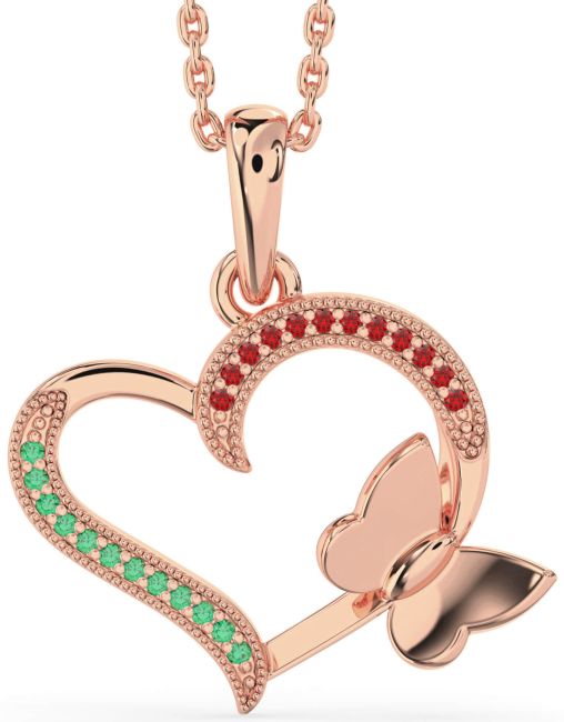 Emerald & Ruby Rose Gold Heart Butterfly Necklace