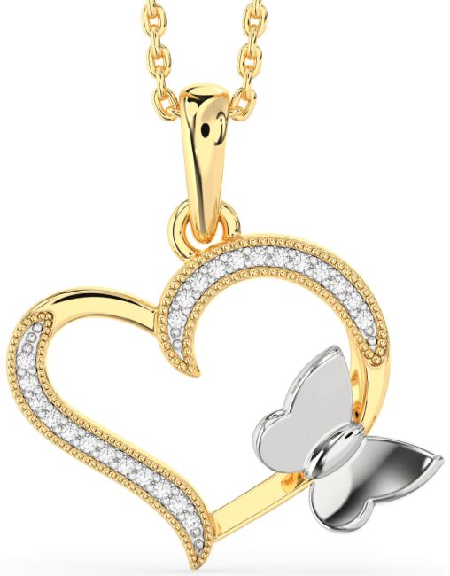 Diamond White Yellow Gold Heart Butterfly Necklace