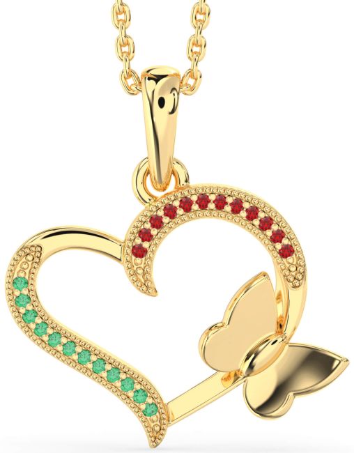 Emerald & Ruby Gold Silver Heart Butterfly Necklace