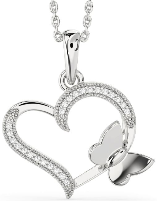 Diamond Silver Heart Butterfly Necklace