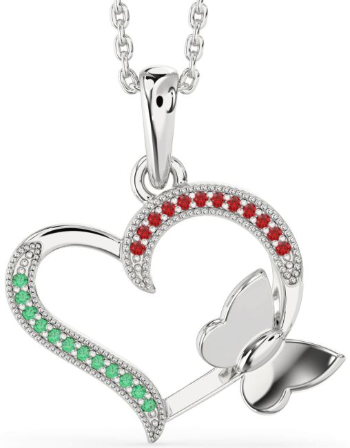 Emerald & Ruby Silver Heart Butterfly Necklace