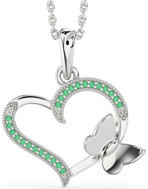 Emerald Silver Heart Butterfly Necklace