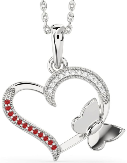 Diamond & Ruby Silver Heart Butterfly Necklace