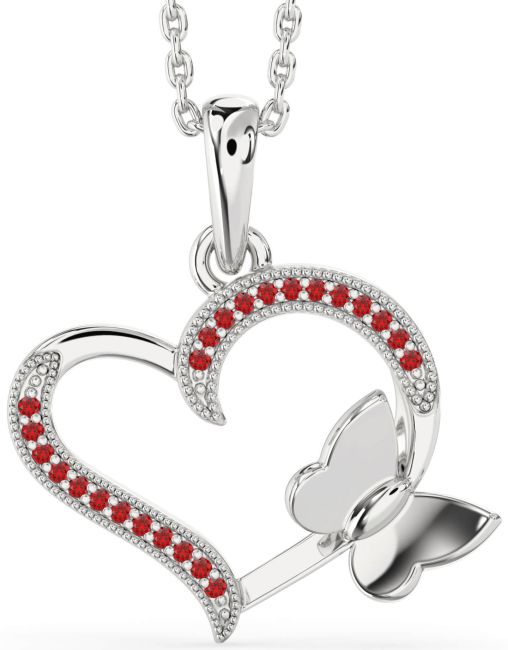 Ruby Silver Heart Butterfly Necklace