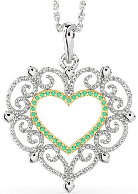 Large Emerald Gold Silver Heart Necklace