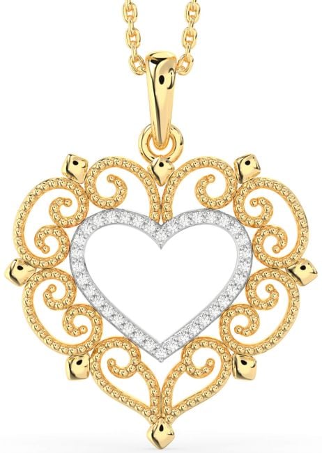 Large Diamond White Yellow Gold Heart Necklace