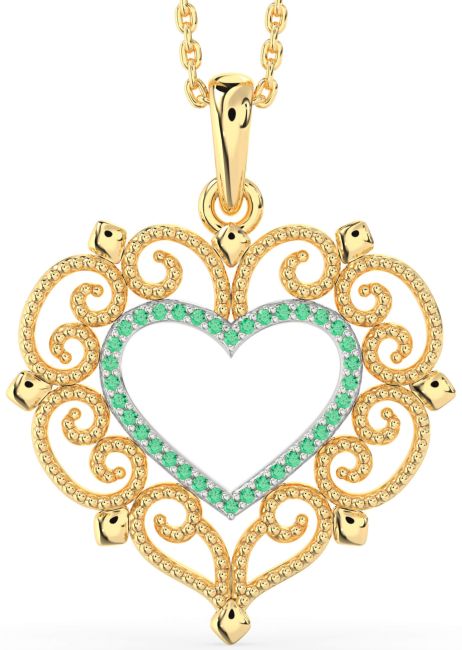 Large Emerald Gold Silver Heart Necklace