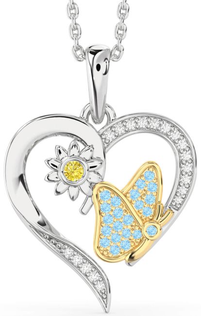Yellow Diamond & Aquamarine Silver & 10K gold Heart Butterfly Flower Necklace