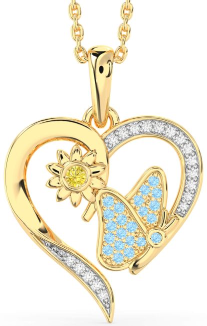 Yellow Diamond & Aquamarine Gold Silver Heart Butterfly Flower Necklace