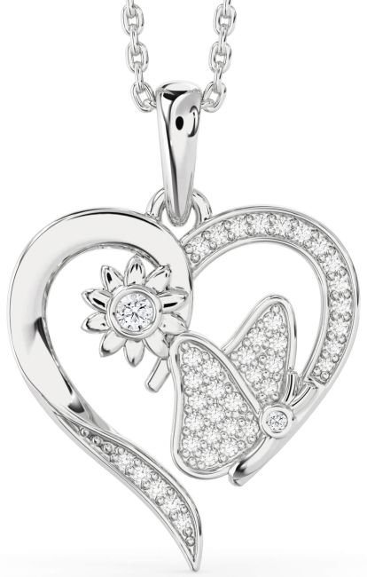 Diamond Silver Heart Butterfly Flower Necklace