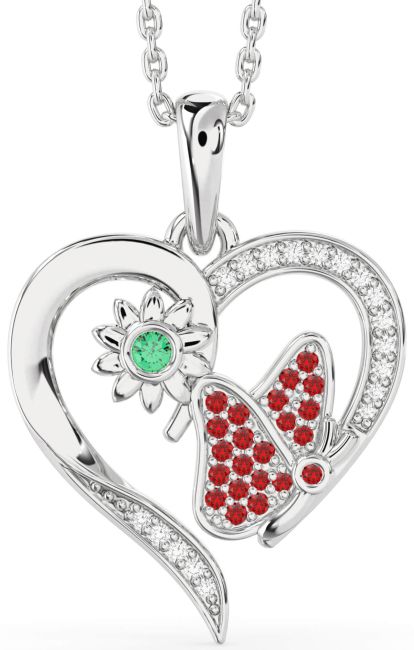 Diamond Emerald & Ruby Silver Heart Butterfly Flower Necklace