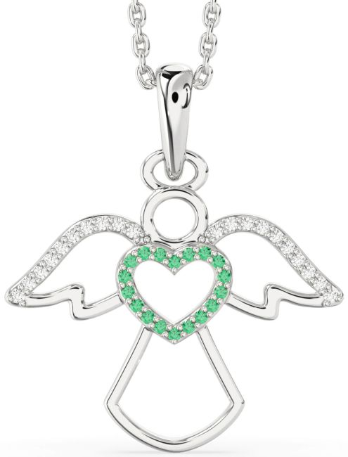 Diamond Emerald Silver Angel Heart Necklace