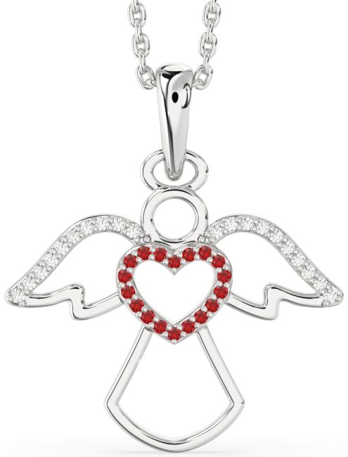 Diamond Ruby Silver Angel Heart Necklace