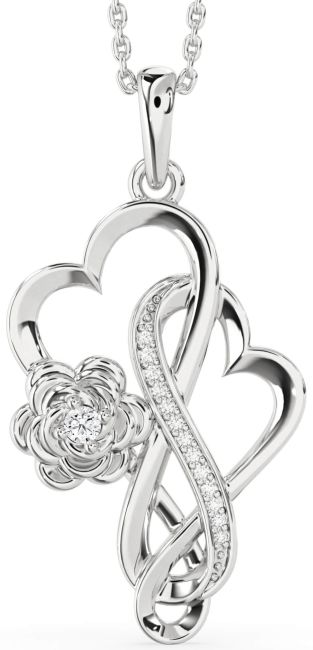 Large Diamond Silver Heart Infinity Flower Necklace