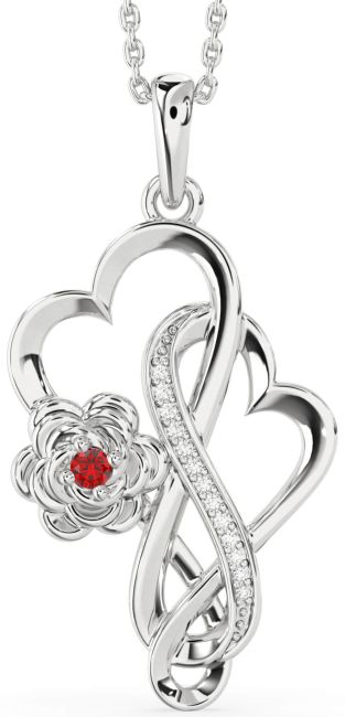 Large Diamond Ruby Silver Heart Infinity Flower Necklace