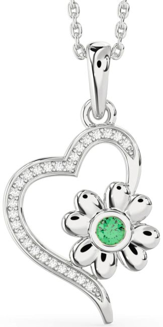 Diamond Emerald Silver Heart Flower Necklace