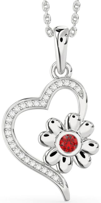 Diamond Ruby Silver Heart Flower Necklace