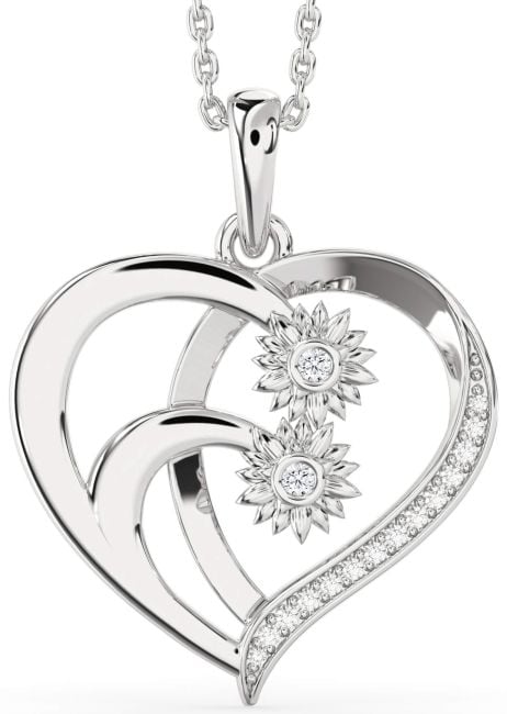 Diamond Silver Heart Sunflower Necklace