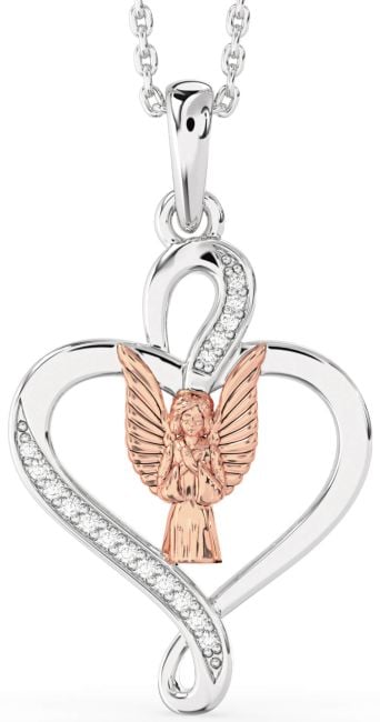 Diamond Platinum & Rose Gold Heart Angel Necklace