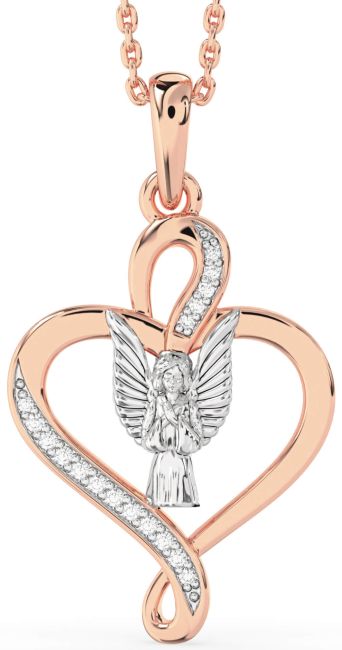 Diamond Rose Gold Silver Heart Angel Necklace