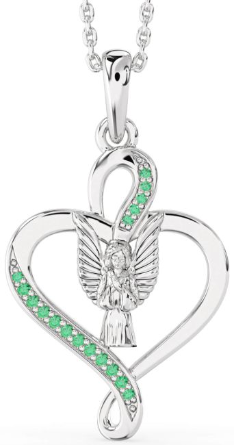 Emerald Silver Heart Angel Necklace